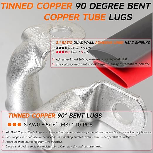 Tinned Copper Cable Lugs 10pcs 8 AWG-5/16 90 Degree Bent Battery Lugs,Heavy Duty Wire Lugs,Ring Terminal,8 Guage terminals,Battery Cable Ends/Terminal Connectors with 10pcs 3:1 Heat Shrink Tubing