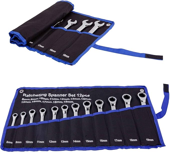 Ratchet Spanner Set Combination Wrench 12 Piece Metric Sizes from 8mm to 19mm with Roll Bag, Perfect for Home, Bike, Car Repairs