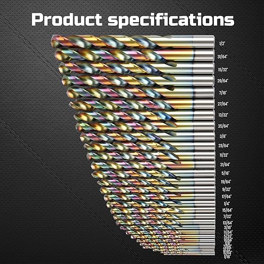Lichamp Drill Bit Set, 29Pcs M2 HSS Cobalt Drill Bits from 1/16" to 1/2" for Metal, Cast Iron, Stainless Steel and Plastic with Durable Index Metal Storage Case, Colorful Titanium Plating