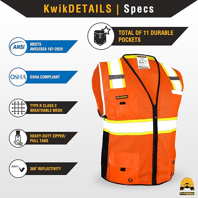 KwikSafety - Charlotte, NC - BIG KAHUNA Safety Vest [11 Pockets] Class 2 ANSI OSHA Reflective Vest Durable High Visibility Vest Construction Safety Vest for Men Industrial Work Gear/Orange 2XL