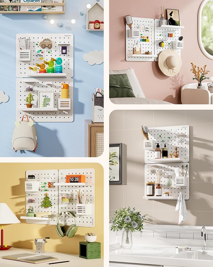 Pegboard Wall Organizer Combination Kit, Overall 25.4"x16.6" Metal Office Pegboard with 13 Accessories, Wall Mounted Peg board Display Panels for Home, Gaming Room, Garage (2Pcs,White)