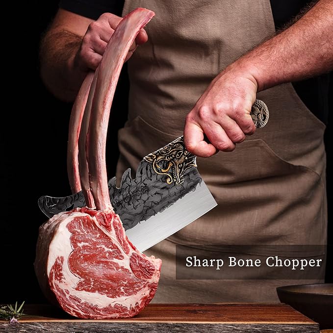 ROCOCO Cleaver Knife Meat Cutting Heavy Duty Bone Butcher Chopper Large Hand Forged Chinese Dragon Viking Cutter for Kitchen Outdoor with Sheath Birthday Father Mother Christmas Gift Men 8.6"