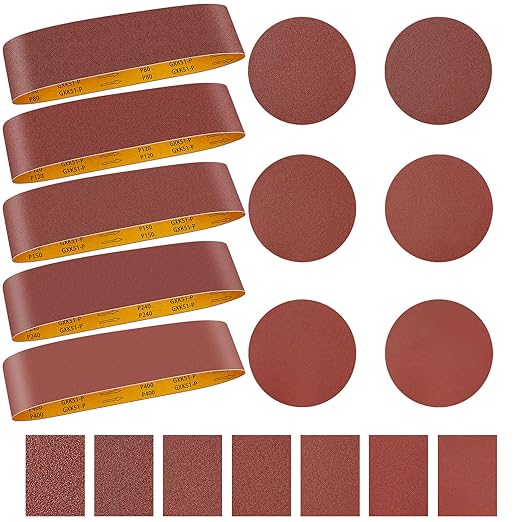 4 x 36 Inch Alumina Sanding Belts (80/120/150/240/400 Grits) and 6 Grits 6-Inch Self Stick No Hole Sanding Disc 11PCS Set for Aluminum Oxide Sanders, Sandpaper for Wood Metal Stainless Steel