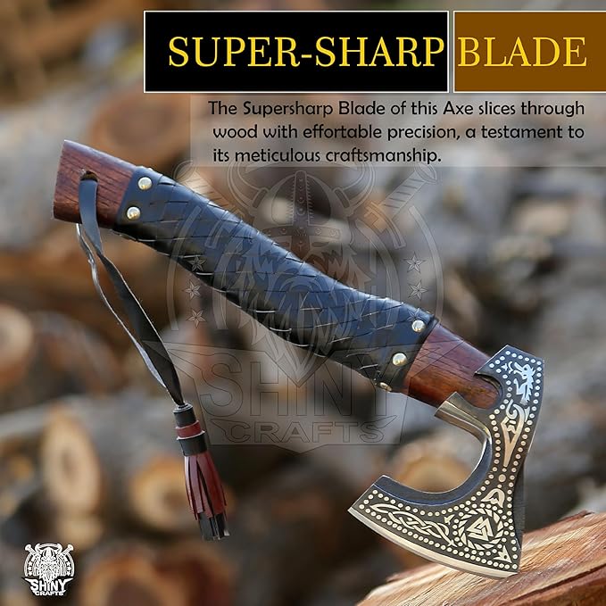 SHINY CRAFTS-Viking Axe Bearded Axe Tomahawk Birthday Gifts-Viking Axe Real, Bearded Axe Real Hatchet Russian Valknut Wood Working Tool with Premium Leather Sheath (SCA-10)