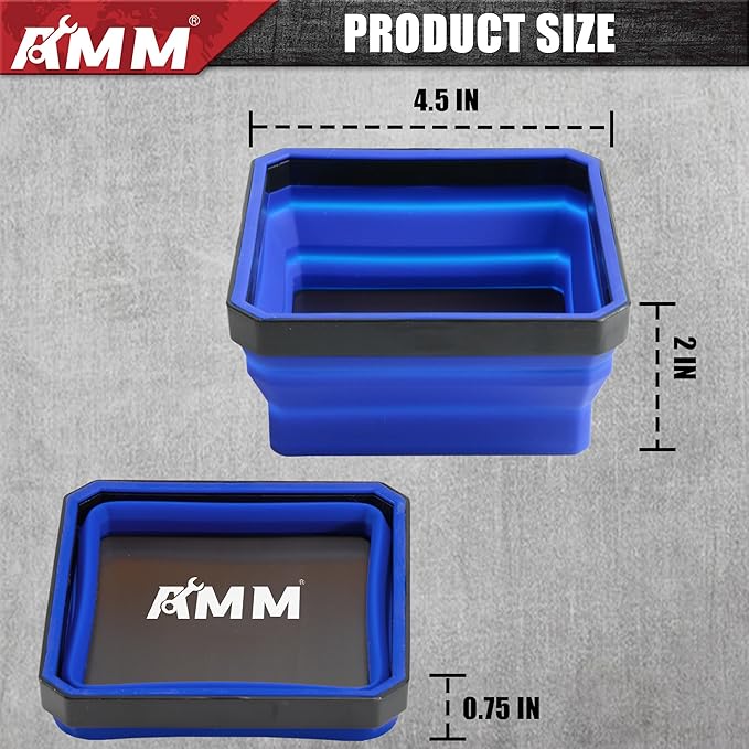 AMM Magnetic Tray, 4PC Foldable Magnetic Tool Tray Set for Bolts Screws Nuts & Small Metal Parts, Mechanic Tool Present for Men, 4.5 Inch Square (4PC, Blue)