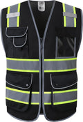 JKSafety 9 Pockets Hi-Vis Black Safety Vest for Men Women High Visibility Reflective Construction Mesh Fabric Cushioned Collar Work Utility PPE Work Gear ANSI/ISEA compliant (100-Black, 3XL)