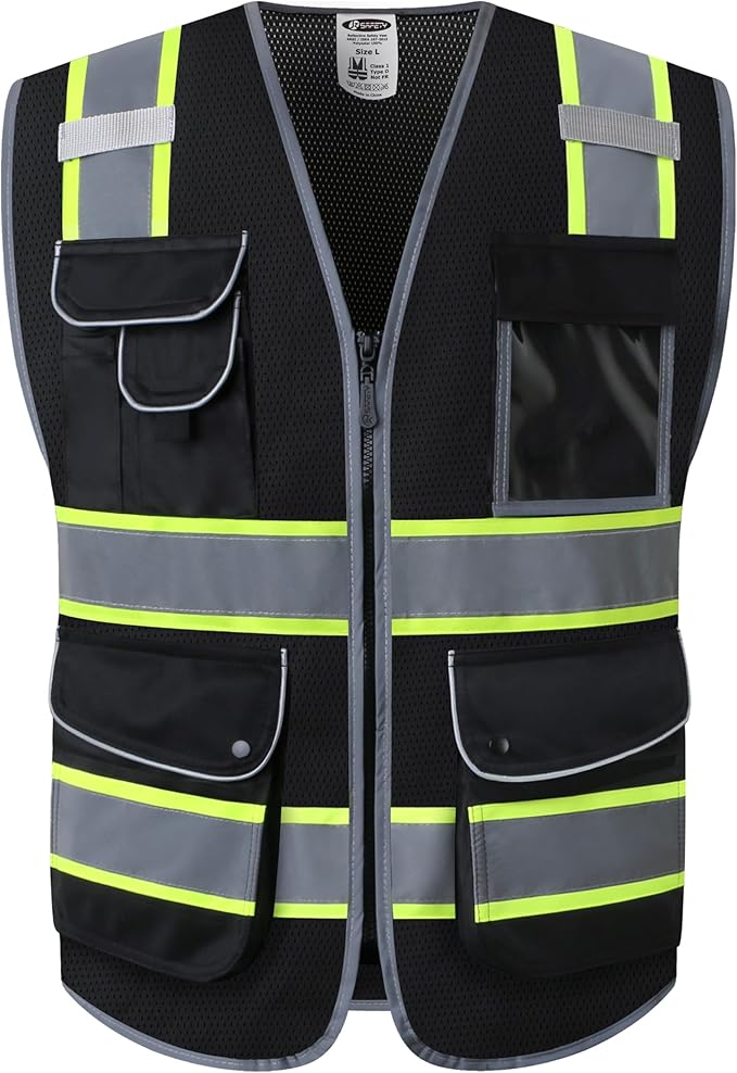 JKSafety 9 Pockets Hi-Vis Black Color Zipper Front MESH Safety Vest with Fluorescent Yellow Extend Edge outlining the Reflective Tapes Meet ANSI/ISEA Class 1 Standard (100-Black, 4XL)
