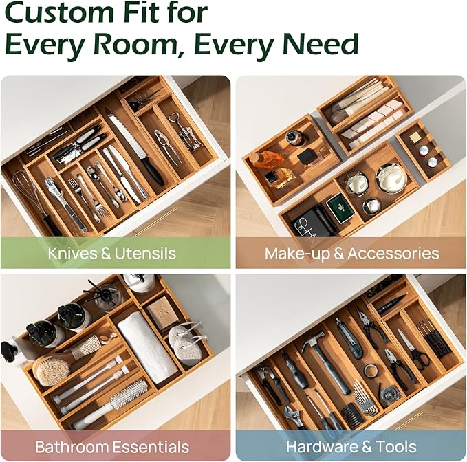 Carbonized Bamboo Kitchen Drawer Organizer, 5 Slots Expandable Silverware Organizer, Utensil Holder & Cutlery Tray, 2.2" Deep for Extra Capacity, Non-Slip Feet Included
