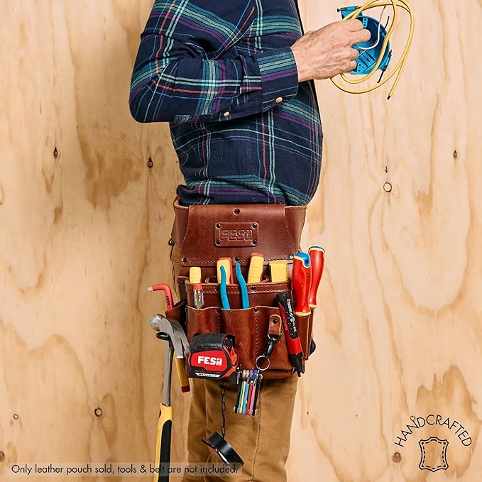 FESA Leather Electrician Tool Pouch - 13-in-1 Top Grain Leather Electrician Pouch w/Steel Hammer Loop, Tape Measure Clip, Tape T-Chain & 6 Pockets - Fits Belts up to 3" - Handcrafted