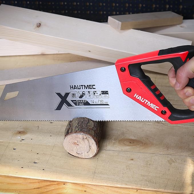 HAUTMEC 14-Inch X-Sharp Pro Hand Saw, Universal Wood Saw with 12 TPI Triple Ground Teeth, Thickened Carbon Steel Blade & Ergonomic Handle, Multi-Use Handsaw for Wood, Plastic, Drywall, PVC – HT0295