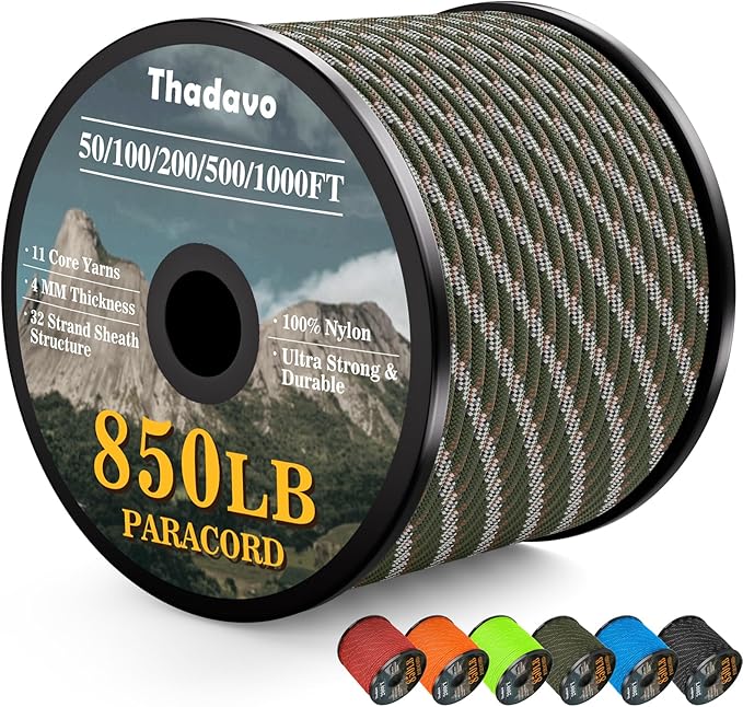 850Ib Reflective ParachuteRope, 50/100/200/500/1000ft 4MM 11 Strand Cords, Survival Paracord Rope Tie Down for Crafting, Tent, Camping, Clotheline, Hiking, Fishing, Camo Green 200FT