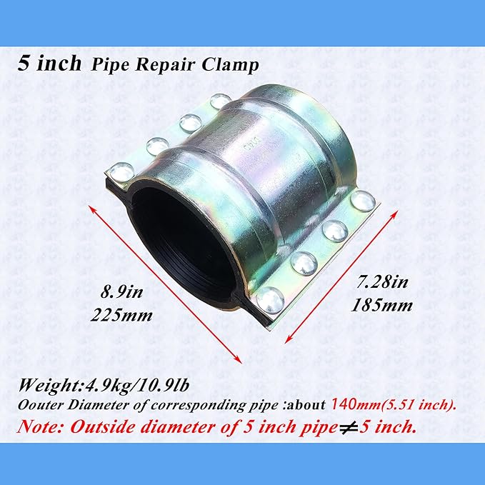 Water Pipe Repair Clamp for 5 inch Pipe(OD of The Applied Pipe about 5.51 inch),Leak Sealer for Pipes and Plumbing,Length 7.3 inch,Suitable for Steel/Iron/Stainless Steel/PE/PPR Pipes