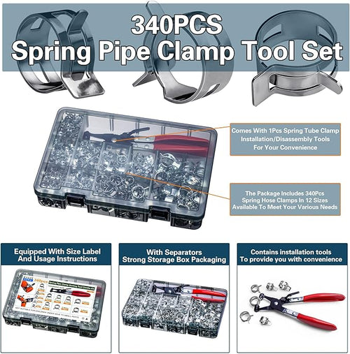 340pcs Spring Pipe Clamps, With Spring Pipe Clamp Tools, 12 Sizes 6-22mm Spring Hose Clamps, Used To Fix Hose Interfaces In Automotive, Marine, Gardening, Industrial Applications