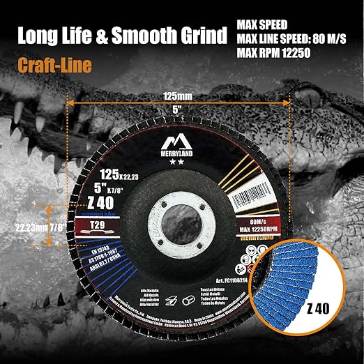 Merryland Flap Disc 5 inch Metal for Angle Grinder, 5inch 40 Grit T29 Flap Wheel 10 Pack, Blue Zirconium Corundum INOX Stainless Steel Iron Universal, Craft-Line FC1108214-10