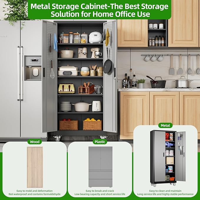 71" Metal Storage Cabinet with Wheels and Pegboard, Lockable Rolling Steel Storage Cabinet with 5 Adjustable Shelves and Door for Garage, Office, Kitchen, Assembly Required,Black and Grey