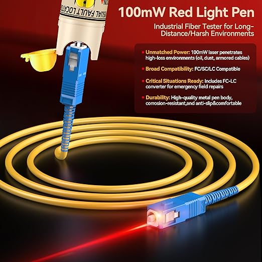VFL Visual Fault Locator 100mw Fiber Optic Cable Troubleshoot Kit 2.5 mm Universal Connector, with 1pc FC to LC Adapter for Telecommunications & CATV Maintenance