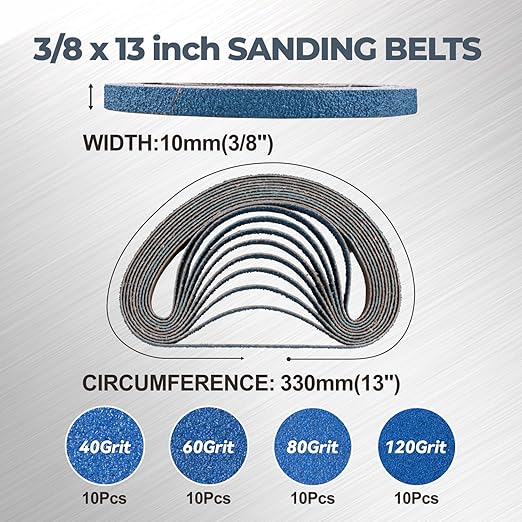 3/8 x 13 Inch Zirconia Sanding Belts, 40Pcs 10 Each of 40/60/80/120 Assorted Grits, Belt Sander Sanding Belt for Knife Blade Sharpening, Metal Polishing, Derusting, Woodworking