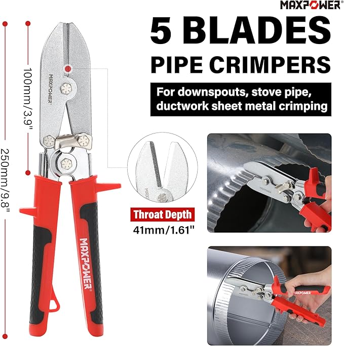 MAXPOWER 2-Piece Sheet Metal Hand Seamers, 5 Blade Pipe Crimper and 3-inch Offset Jaw Sheet Metal Bender with Ergonomic Handle