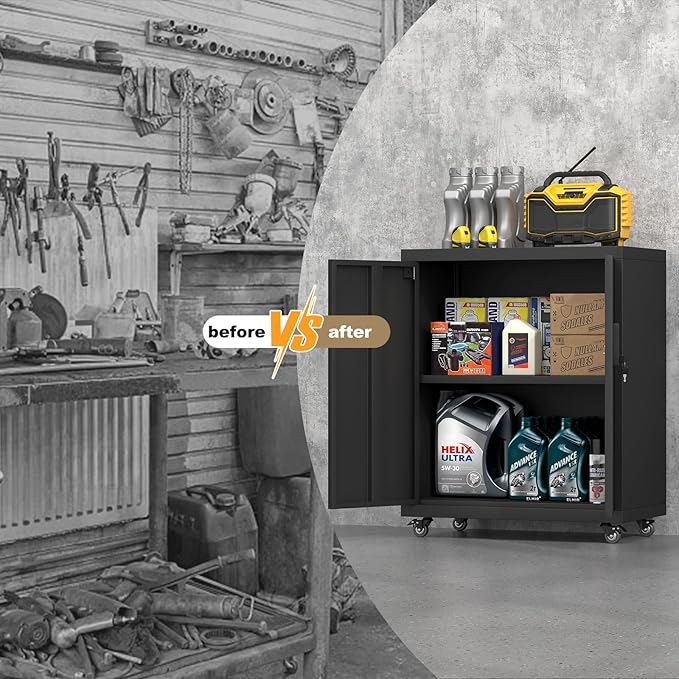 Metal Garage Storage Cabinet with Wheels,31.89" H Steel Lockable Cabinet with 2 Doors and 1 Adjustable Shelf, Small Rolling Cabinets for Home Office, Garage, Black
