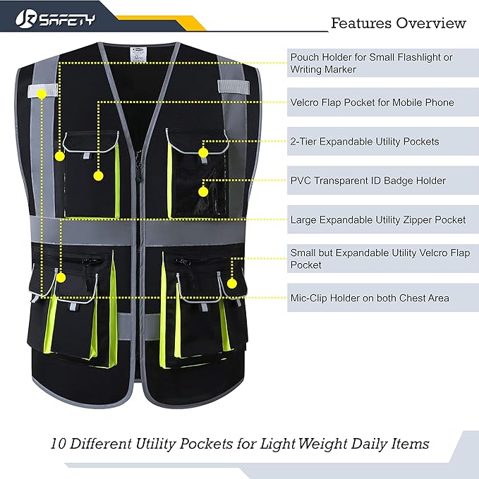 JKSafety 10 Pockets Black Color Safety Vest Zipper Front with High Reflective Strips Meets ANSI/ISEA Standards (88-Black, Large)