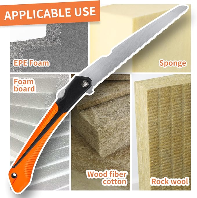Folding Insulation Hand Saw, 10 Inch Steel Blade Wavy Teeth Serrated Sharp Utility Tool, Foldable for Cutting Foam, Mineral Wool, Styrofoam Rockwool (Folding Hand Saw)