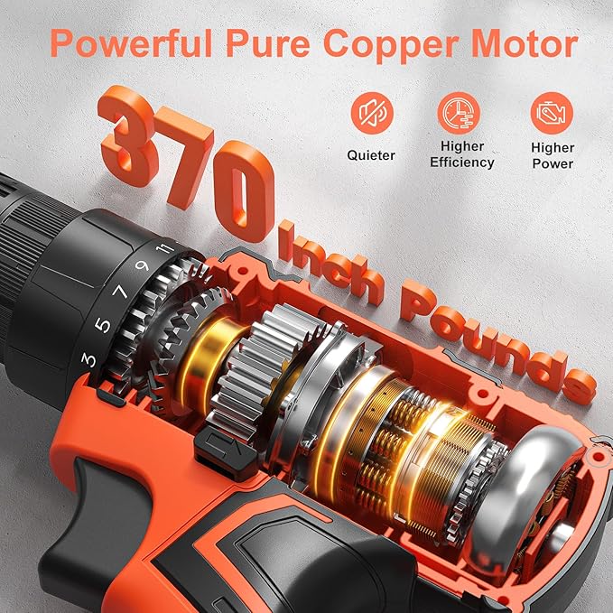 Cordless Drill, 20V Power Drill, Double 2000mAh Power Pack Electric Drills, Cordless Drills with Power Pack and Charger, 3/8" Keyless Chuck Screwdriver with 25+1 Max 370 In-lb Torque, 42Pcs Bits
