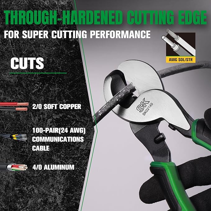 SK 9.5-Inch Cable Cutter, Heavy-Duty Wire Cutter, High Leverage Cable Cutting Pliers with Knurled Handle, Premium CR-V Steel, for Aluminum, Copper, Wire, and Communications Cable