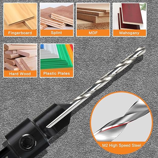 5-pc Woodworking Countersink Counterbore Drill Bit Set 3in1 for #6 8 10 12 16 Screws, M2 Pilot Drill Bits Adjustable Depth, 82-Degree Chamfer with Stop, 1/4” Hex Shank, Includes 2 Allen Wrenches