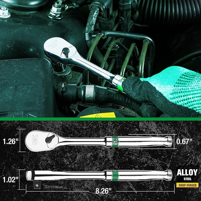SK 3/8" Drive Ratchet Handle, Pear Head, 90-Tooth Ratchet, Alloy Steel, with Contoured Handle