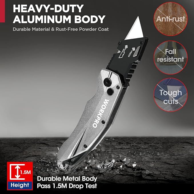 WORKPRO Folding Utility Knife, Heavy Duty Metal, Quick Open Botton Lock Box Cutter, Quick Change Blade Razor Knife, 1PC with 10 Extra SK5 Blades