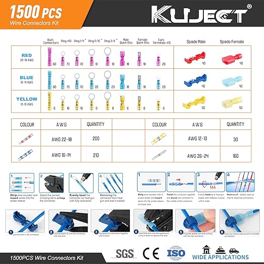Kuject Ultimate Heat Shrink Wire Connectors, 1500PCS Waterproof Electrical Spade Connectors kit, Insulated Crimp Ring Fork Spade Terminal T-Tap Solder Butt Splice Connectors for Marine Boat Truck