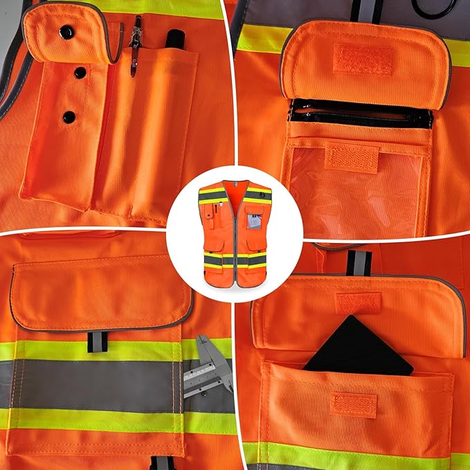 TCCFCCT Safety Vest 9 Pockets High Visibility Reflective Safety Vest for Men Women, Hi Vis Work Vest with Fluorescent Yellow Extend Edge for Workers, Surveyors, Meets ANSI/ISEA, (DB-Orange, 3X-Large)