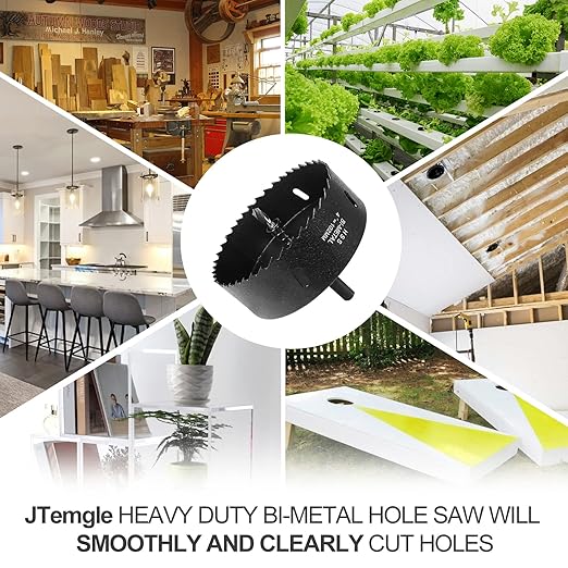 4 Inch Hole Saw with 3/8" Triangle Shank Quick Change Arbor, JTemgle Bi-Metal Hole Saw Heavy Duty Hole Cutting Tool for Cornhole Boards, Recessed Lights, Wood, Plastic, Drywall & Soft Metal