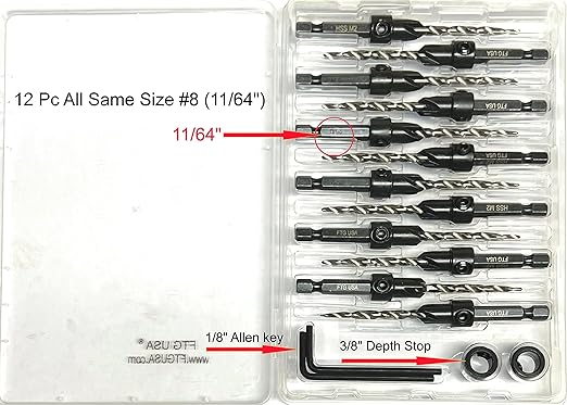 FTG USA 12 Pc #8 (11/64") Countersink Drill Bit Set for Wood with Tapered Drill Bit