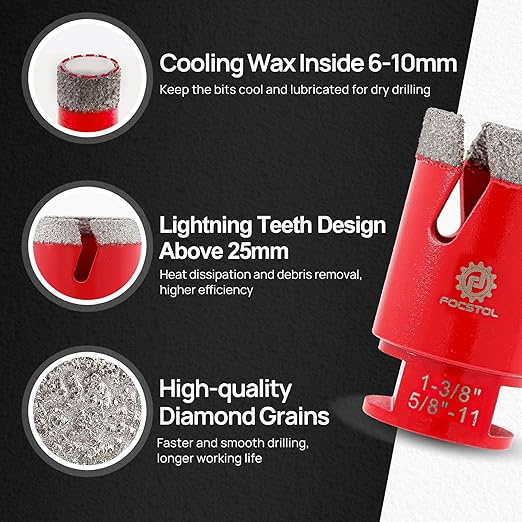 Diamond Core Drill Bit Set - FOCSTOL 12pcs Diamond Hole Saw Kit for Porcelain Tile Ceramic Marble Granite (6/6/8/20/35/50/75/100mm+20mm Finger Milling Bit+50mm Beveling Chamfer Bit+Hex+SDS)