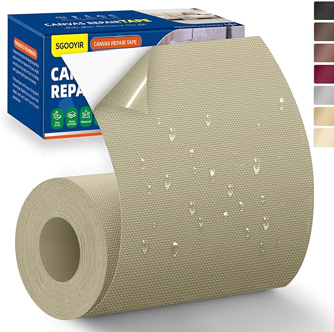 Self-Adhesive Canvas Repair Tape, 4" x 79" Waterproof Canvas Repair Patch, Fabric Patch Repairs Kit for Furniture, Tents, Sunbrellas, Boat Covers Awnings, Couches, Clothes, Bags Khaki