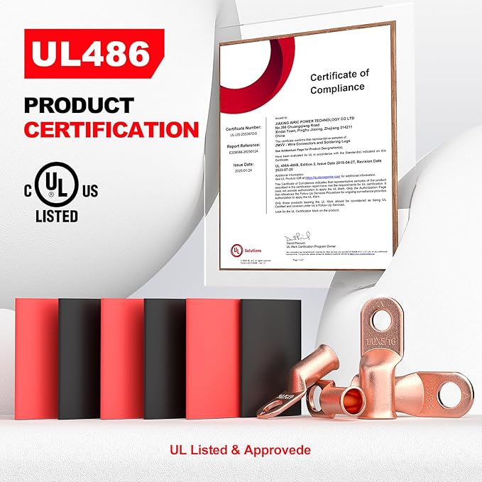 AIRIC 10 PCS UL Listed 2 AWG - 5/16" Battery Cable Lugs, Heat Shrink Ring Terminals End, Copper Cable Ends, Wiring Connector Terminal, Electrical Crimp Connectors, Wire Lug for 2 Gauge Wires