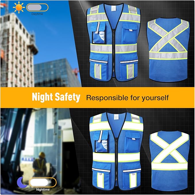 Class 2 Safety Vest with Zipper Front and multiple Pockets, High Visibility Vest, Meets ANSI/ISEA Standards