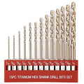 13 Pcs Titanium Coated Twist Hex Shank Drill Bit Set, 135 Degree Tip HSS Impact Drill Bit Set with Storage Case for Metal, Aluminum, Steel, Wood, Plastic, Quick Change Design 1/16" to 1/4"