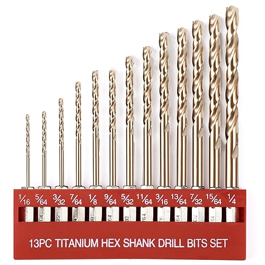 13 Pcs Titanium Coated Twist Hex Shank Drill Bit Set, 135 Degree Tip HSS Impact Drill Bit Set with Storage Case for Metal, Aluminum, Steel, Wood, Plastic, Quick Change Design 1/16" to 1/4"