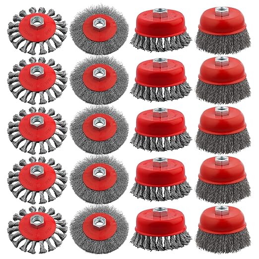 Rocaris 20 Pack Wire Wheel Cup Brush, 4 Inch Twisted Knotted & Coarse Crimped Cup Brush for Angle Grinders, 5/8 -11 Inch Threaded Arbor for Drill