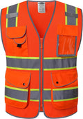 JKSafety 9 Pockets Hi-Vis Reflective Safety Vest | Mesh Fabric | Fluorescent Orange Color with Neon Yellow Extended Trims | ANSI/ISEA Compliance (100-Orange, 5XL)