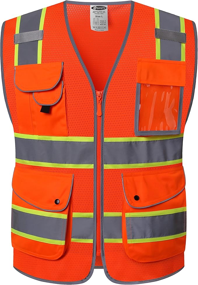 JKSafety 9 Pockets Hi-Vis Reflective Safety Vest | Mesh Fabric | Fluorescent Orange Color with Neon Yellow Extended Trims | ANSI/ISEA Compliance (100-Orange, 4XL)