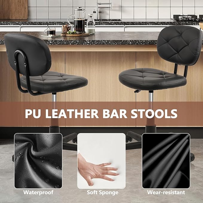 Rolling Stool Chair with Backrest Leather Swivel Salon Spa Stools, Adjustable Height Work Garage Chairs for Home Bar Desk Computer, 4PK