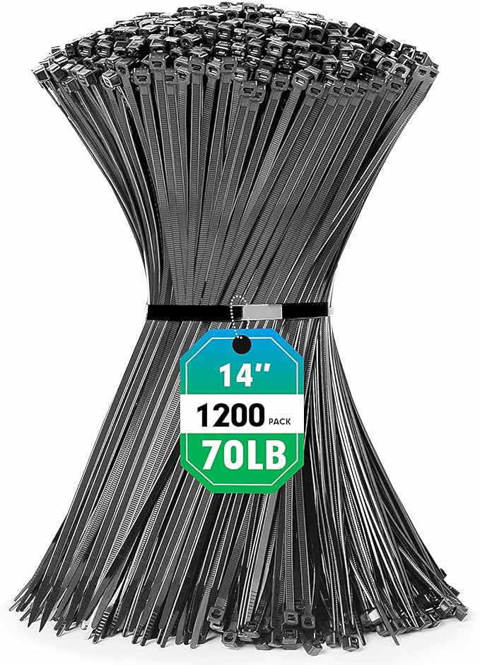 Zip Ties, RAZCC 1200pcs Black Cable Zip Ties 14 Inch, Heavy Duty Plastic Wire Ties with 70lb Tensile Strength, Self-Locking Black Nylon Tie Wraps for Indoor and Outdoor