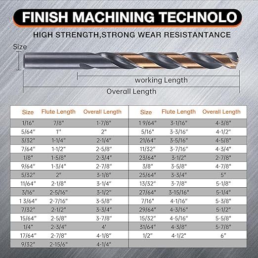 29Pcs Cobalt Drill Bit Set, 135 Degree Tip High Speed Steel with Black and Gold Finish, Stainless Steel, Plastic, and Wood with Metal Indexed Storage Case 1/16"-1/2"