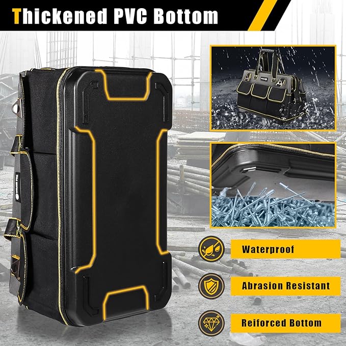17 in Tool Bag For Men with Waterproof Molded Base, High Capacity Wide Mouth Tote, Construction Worker Electricians Tool Bags, Large Tool Bag Organizer for Men Women (GREY)