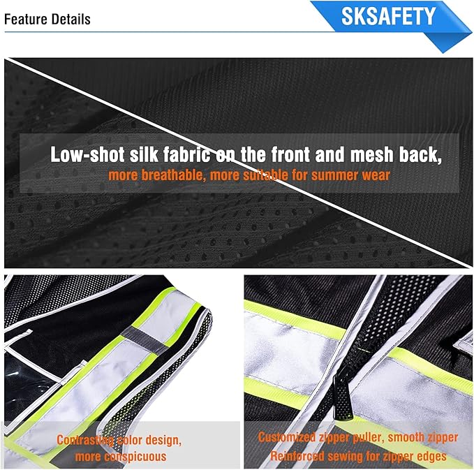 SKSAFETY 10 Pockets Safety Vest, Class 2 High Visibility Security with Zipper Back Mesh, Hi Vis Vest with Reflective Strips, ANSI/ISEA Standard, Construction Work Vest for Men ＆ Women （Black, 3XL）