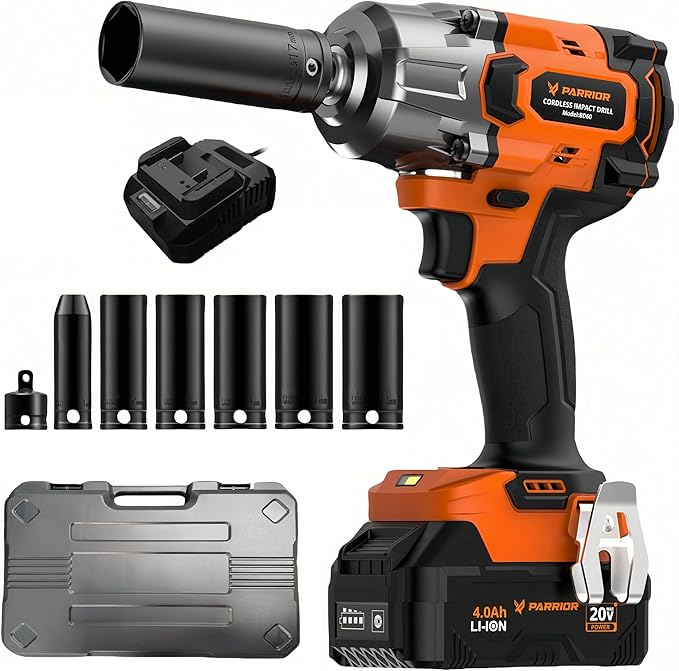 Impact Wrench with 3-Speed Torque Settings (380/600/900N.m),1/2 Impact Gun Chuck & 3/8" Adapter,4Ah Battery & 2.0Ah Fast Charger,Power Tool Kits for Impact Drill,Heavy-Duty Tasks