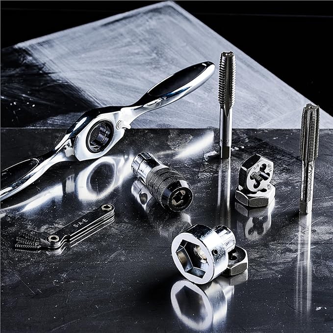 toolant 41pcs SAE Ratcheting Tap and Die Set, Complete Tap, Die, and Handle Kit, Effort-saving Ratcheting Handle, Full Range of SAE Sizes from #4 to 1/2" including UNC, UNF, and 1/8 NPT, Plastic Case